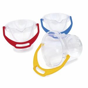 Strandeimer Classic 1,2l  D17x13,5cm klar sortiert, mit Schnabel, Griff in 3 Farben: rot, blau, gelb,, Maße B/H/T: 13,8 x 13,5 x 17 cm, Material: HD PE, ab 24, Monaten,, dantoy