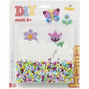 Bügelperlen midi Blume  und Schmetterling 1100er, Inhalt: ca. 1100 Bügelperlen, je 1x Stiftplatte, Schmetterling und kleine Blume, Anleitung und Bügelpapier,, Motivvorlage im Karton eingedruckt, ab 5 Jahren, Hama
