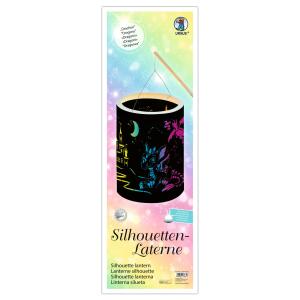 Silhouetten Laterne Set  Drache 15,3x15,3x20cm, Tonpapier gelasert schwarz, Regenbogentransparentpapier,, Laternentragebügel, Deckel und Boden, Laternenstab, mit LED Licht (inkl. 2 Batterien) Ursus