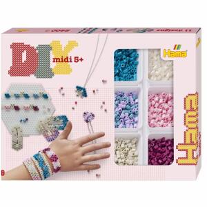Bügelperlen midi Box  Schmuck 2400er, Kreativbox, Inhalt: ca. 2.400 Perlen in, Aufbewahrungsschachtel, 1x sechseckige Stiftplatte,, Anleitung, Bügelpapier, Motivvorlage. 3x Haarspangen,, 1x Schnur zum Auffädeln, ab 5 Jahren,, Hama