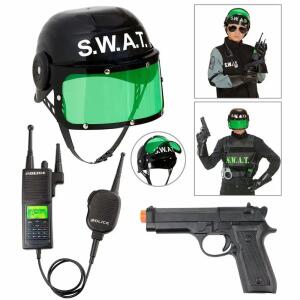 S.W.A.T. Set 3 Teile  Helm Pistole Funkgerät, Helm mit grünem Visier,, Funkgerät und Pistole ohne Funktion, ab 14 Jahren, Widmann
