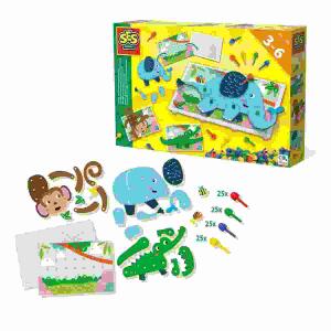 Tierpuzzle Stecktafel  Mosaik, 100 farbige Stecker, Tierteile von Affe, Elefant und, Krokodil, Teile sind kombinierbar, ab 3 Jahren,, SES