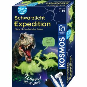 KOSMOS Schwarzlicht  Expedition Dinos, Experimentier-Set,, diese Dino Figuren können nur im Dunkeln und Licht der, speziellen UV Lampe gefunden werden,, liegen im Gipsblock verborgen und müssen Stück für Stück, freigelegt werden,, mit Hammer und Meißel
