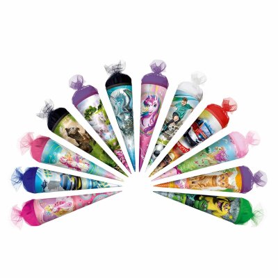 Roth Motiv-Schultüte, 12er Sortiment Effekte, 22 cm, rund, Tüllverschluss, Glitter oder Folie