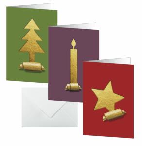 SIGEL DS081 Weihnachts-Karten-Set - 4x Stern, 3x Baum, 3x Kerze - gold/rot/grün - A6 - 10 Karten + Umschläge - inkl. Umschläge