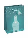 SIGEL GT053 Geschenktasche SIGEL klein - petrolblau - Eisbär mit Kerze - mit Bodeneinlage, Geschenkanhänger und farblich abgestimmten Tragekordeln - Weißkarton, Kunststoff - 17 x 23 x 9 cm