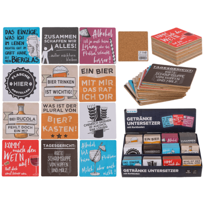 Untersetzer mit Korkboden, Slogans, ca. 9,5 cm,