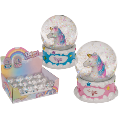 Glitterkugel, Einhornkopf, auf Sockel, Unicorn,