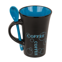 Schwarzer Becher mit Löffel, Coffee,