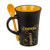 Schwarzer Becher mit Löffel, Coffee,