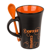 Schwarzer Becher mit Löffel, Coffee,