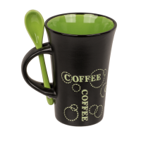 Schwarzer Becher mit Löffel, Coffee,