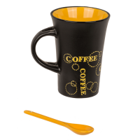 Schwarzer Becher mit Löffel, Coffee,