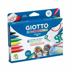 Textilmarker GIOTTO Decor  textile 6er, permanente Tinte auf Wasserbasis,, waschmaschinenfest bis 40 °C,, eindrücksichere Spitze, ventilierte Kappe,, Stiftende mit Sicherheitsverschluss,, von Händen problemlos abwaschbar,, LYRA