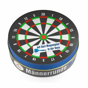 Männerrunde Dartscheibe  mit Pralienenfüllung 75g, Metalldose als Dartscheibe mit Magnetpfeil, gefüllt mit Chocopralinen mit Milchcremefüllung,, Vollmilchschokolade (Kakao: 30% mind.), gefüllt mit Milchcreme (40%), Heidel
