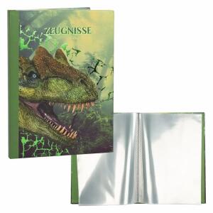 Idena Zeugnismappe A4  12 Hüllen Dino FSC-Mix, für Dokumente im A4 Format,, 12 eingebundene Klarsichthülle mit 90 µ,, wattiertes Hardvover,