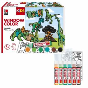 Window Color-Set KiDS  Dinosaurier 6x25 ml, Farben auf Wasserbasis: Orange 013, Türkisblau 098, Hellgrün, 062, Saftgrün 067, Mittelbraun 046, Konturenschwarz 073,, 1 x Malvorlage A3 mit 30 Motiven, 1 x Malfolie A4,, ab 3 Jahren,, Marabu