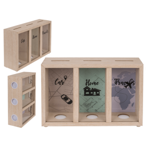 OOTB Holz-Spardose mit 3 Fächern Car/Home/Travels