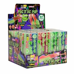 Flicnlic Pop Glow  in the Dark 24 Stück, 24x 14 g, Klappbox fluoresziert im Dunkeln,, 3 Geschmackskombinationen: Erdbeere, Cola und Kirsch,, Lolli färbt die Zunge, Lolli im Klappmesser-Style,, zuklappen und später weiter naschen