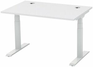 Schreibtisch FLEX MODUL, Dekor lichtgrau, 1200 mm, höhenverstellbar, T-Fußgestell Alusilber, 25 mm Platte, 2 Kabeldurchlässe, 80 kg belastbar. Maße: 1200 x 800 x 600-1255 mm (BxTxH)