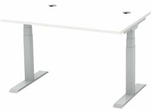 Schreibtisch FLEX MODUL, Dekor weiß, 1200 mm, höhenverstellbar, T-Fußgestell Alusilber, 25 mm Platte, 2 Kabeldurchlässe, 80 kg belastbar. Maße: 1200 x 800 x 600-1255 mm (BxTxH)