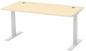 Schreibtisch FLEX MODUL, Dekor Ahorn, 1600 mm, höhenverstellbar, T-Fußgestell Alusilber, 25 mm Platte, 2 Kabeldurchlässe, 80 kg belastbar. Maße: 1600 x 800 x 600-1255 mm (BxTxH)