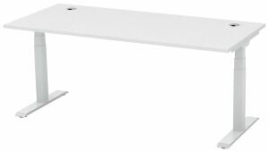 Schreibtisch FLEX MODUL, Dekor lichtgrau, 1800 mm, höhenverstellbar, T-Fußgestell Alusilber, 25 mm Platte, 2 Kabeldurchlässe, 80 kg belastbar. Maße: 1600 x 800 x 600-1255 mm (BxTxH)