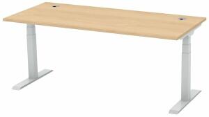 Schreibtisch FLEX MODUL, Dekor Buche, 1800 mm, höhenverstellbar, T-Fußgestell Alusilber, 25 mm Platte, 2 Kabeldurchlässe, 80 kg belastbar. Maße: 1600 x 800 x 600-1255 mm (BxTxH)