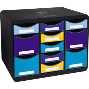Exacompta Schubladenbox Bee Blue Multi Box, 11 Fächer, mehrfarbig, 7 kleine und 4 sehr hohe Schubladen