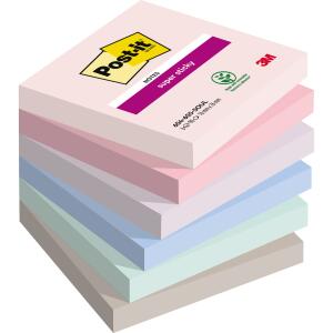 Haftnotiz Super Sticky Note, 76 x 76 mm, 6 x 90 Blatt, Soulful Collection: rosa, flieder, mint, flamingopink, denimblau, grau